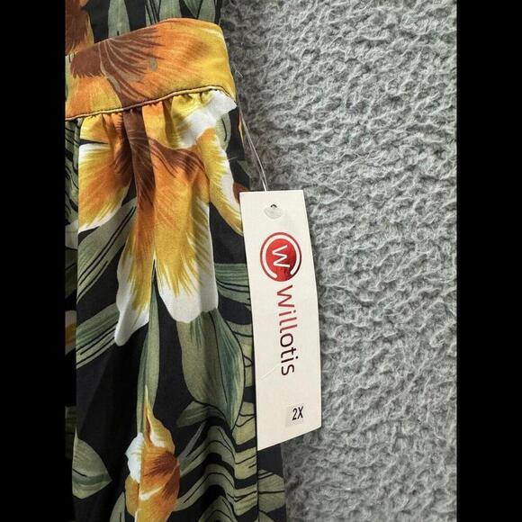 Willotis Dress Womens 2X Green Orange Floral Hawaiian Tie Back Midi Stretch - Picture 6 of 12